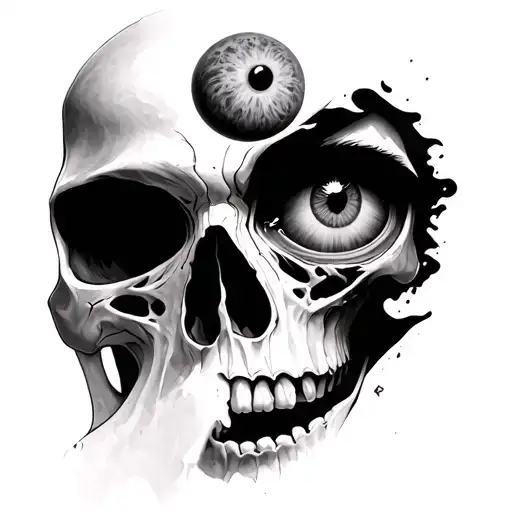 half skull half face morphing with a eyeball hovering above tattoo design idea