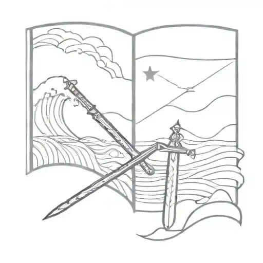 three tarot cards with waves on one, sword on one and book on one tattoo design idea