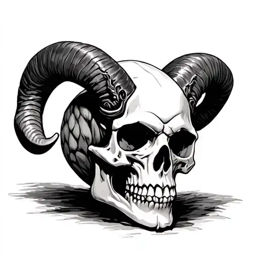 human skull with demonic ram horns tattoo design idea
