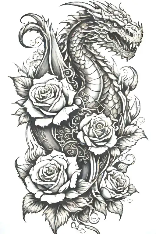 video game inspired tattoo featuring dragons and roses tattoo design idea