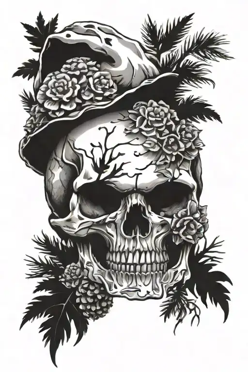 skull without lower jaw, mushroom growing from left eye, pine cone in right eye, surrounde tattoo design idea