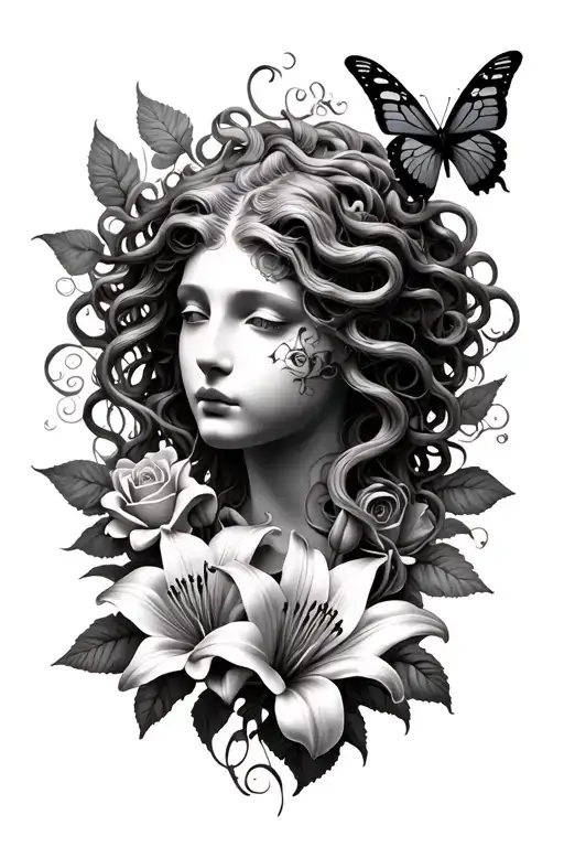 blank Medusa face and rose lilies and  butterfly surrounded tattoo design idea