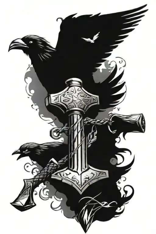 thor hammer and crows flying tattoo design idea