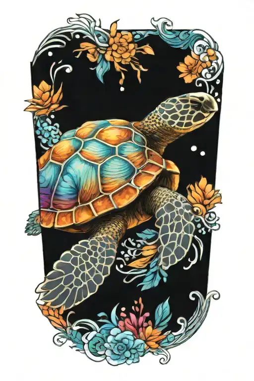 An intricate design of a sea turtle swimming through a kaleidoscope of colors representing a sunset tattoo design idea