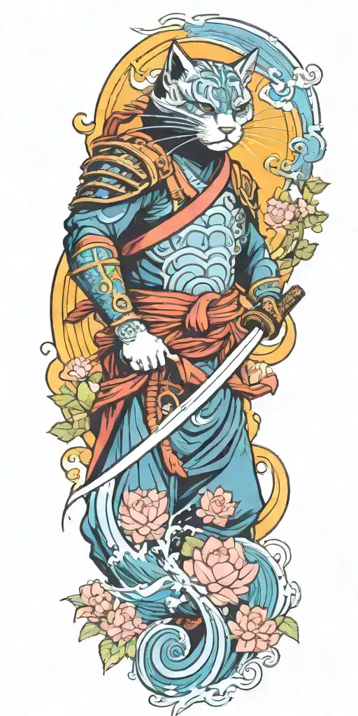 ninja cat holding katana, tail, water, waves, lotus, sakura, clouds, whirlpool, leaves, peony, sun waterfall tattoo design idea