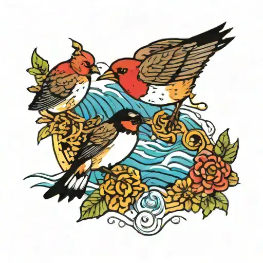 robin & goldfinch &wave crashing tattoo design idea