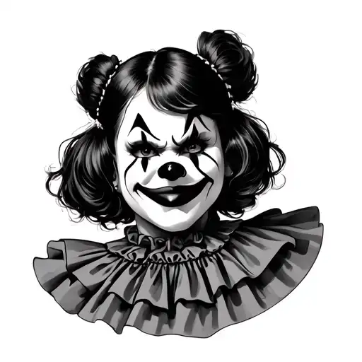 black and grey tattoo-style image of a Chola-style clown girl with a serious face wearing a happy mask, set against a ba tattoo design idea