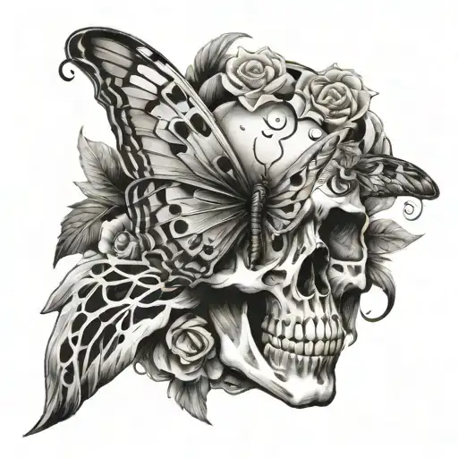 butterfly, skull, skeleton fingers on wing tattoo design idea
