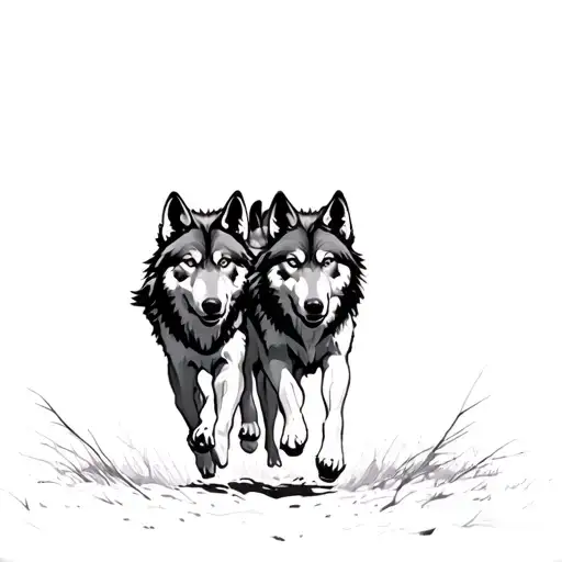 three wolves running front view tattoo design idea