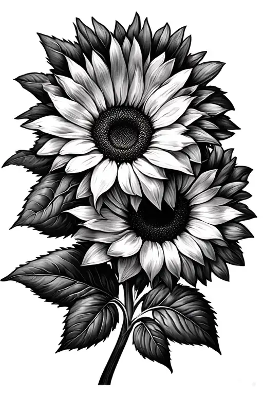 Black and white  sketch of two large sunflowers with detailed petals and realistic shading leaves and delicate springs  tattoo design idea