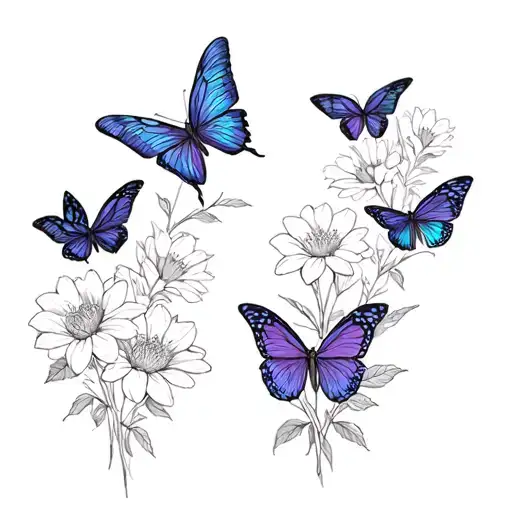 butterflies, flowers, stems, for a leg tattoo tattoo design idea