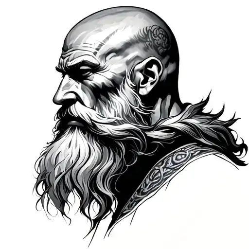 a surreal and vibrant cinematic photograph of a Norse god, with a shaved bald head and a long, wild blond beard that flo tattoo design idea