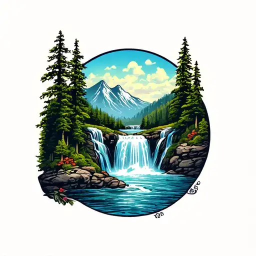 waterfall and mountain  tattoo design idea