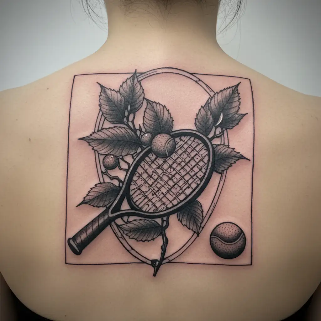 A tennis racket transformed into a tree with tennis balls as fruit tattoo design idea
