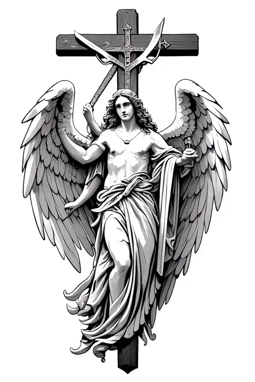 guardian angel with wings and sword coming from the cross  tattoo design idea