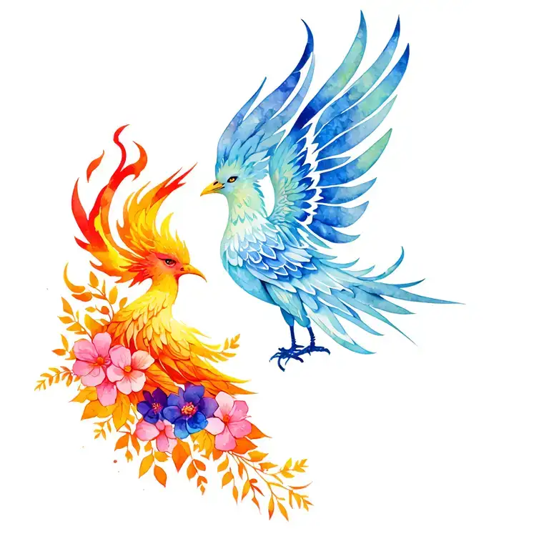 Feminine pheonix with fire and flowers tattoo design idea