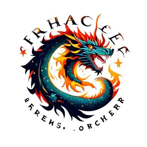 Make a logo for word "FireHacher." Fire breathing space dragon, stars, moons, space elements tattoo design idea