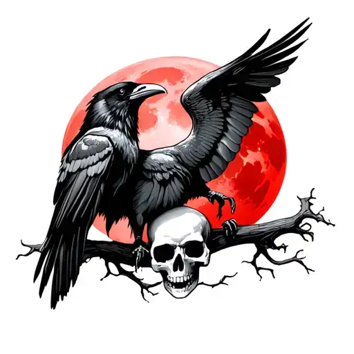 traditional style raven with open wings on a skull in front of a blood moon tattoo design idea