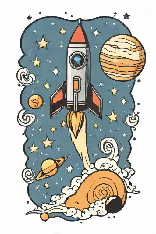 rocket with planets, stars and music notes swirling tattoo design idea