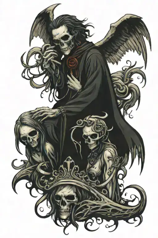 grim reapee and an angel facing eachother with a soul in the middle tattoo design idea