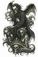 grim reapee and an angel facing eachother with a soul in the middle tattoo design idea