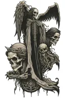 grim reapee and an angel facing eachother with a soul in the middle tattoo design idea