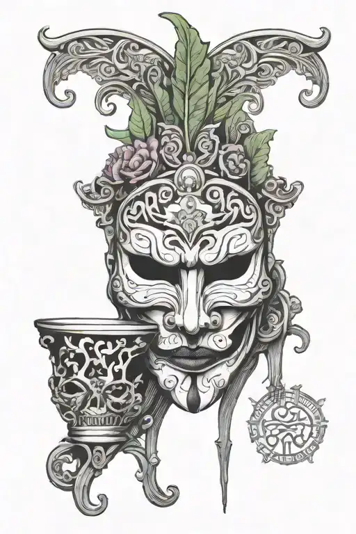 korean mask with trumpets card joker tattoo design idea