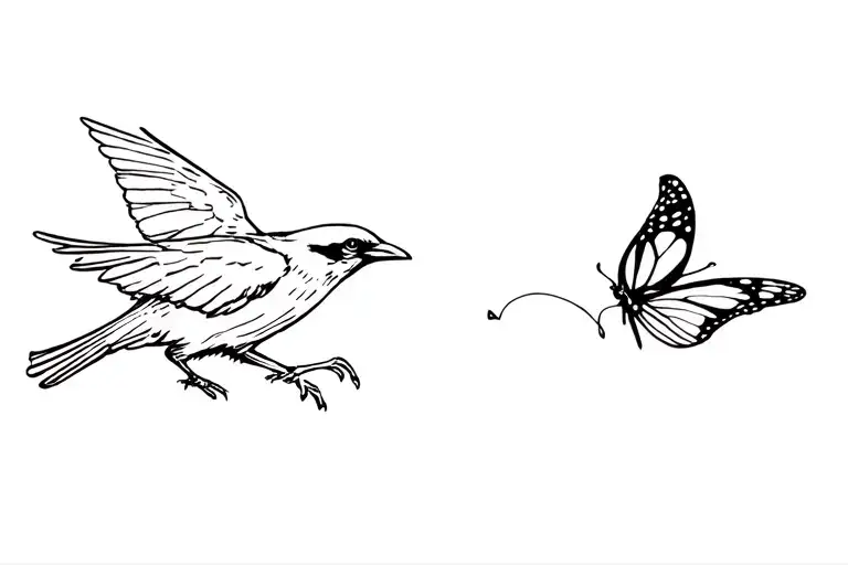 flying crow chasing a butterfly flying away tattoo design idea