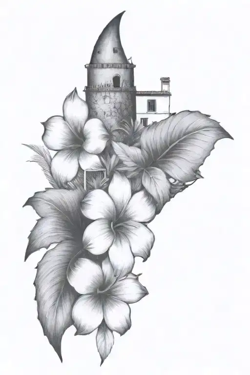 Ibiza Island, sea, sailboats, tropical leaves, hibiscus, village with flat roofs and a tower with three windows tattoo design idea