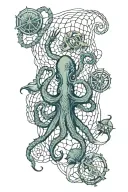 An intricate design of a fishing net intertwined with various sea creatures like octopus, seahorse, and jellyfish tattoo design idea