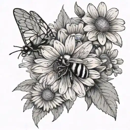 daisy boquet and bee flying tattoo design idea