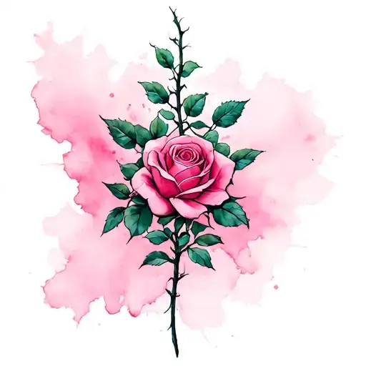 a thin open scar from which emerges a rose bush with dark green stems and light thorns. In the center, a fuchs-pink rose tattoo design idea
