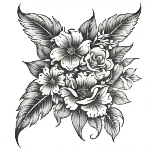 A tattoo design of six different flowers, each representing a friend, blooming together to symbolize eternal friendship, in black-grey style tattoo design idea