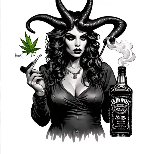 clothed standingdevil woman full body smoking cigerette holding a weed pipe and bag of weed with a jack Daniel's bottle  tattoo design idea