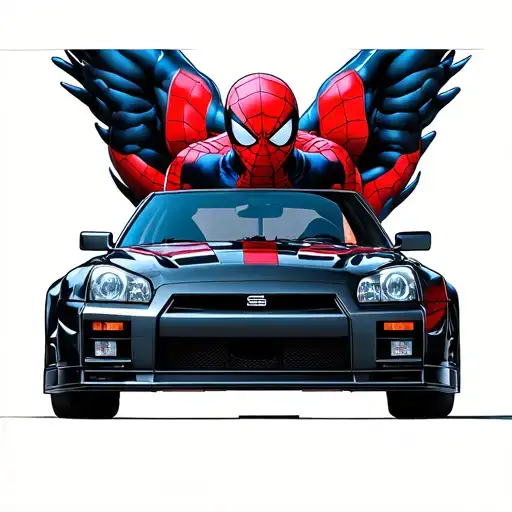 miles morales Spiderman black/red on top of a Nissan Skyline GT-R (R34) tattoo design idea