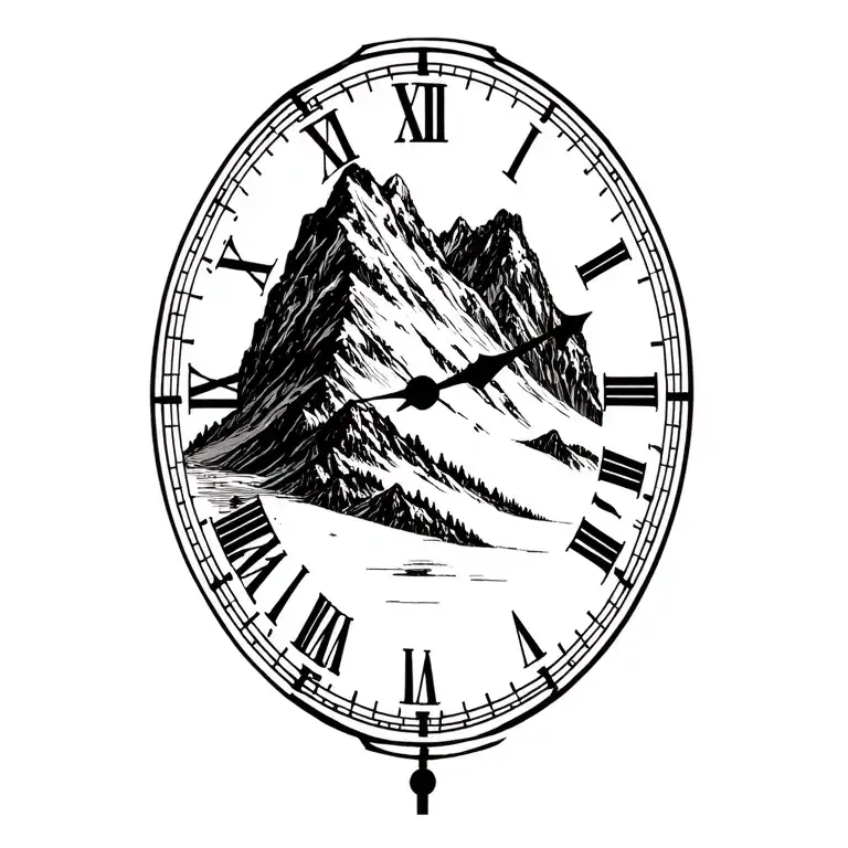 mountain in background with clock transposed on the left tattoo design idea
