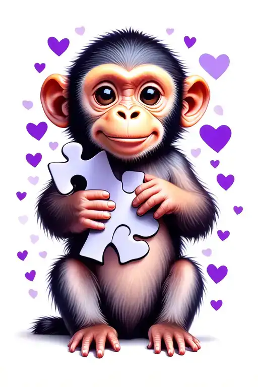 baby monkey with gray cancer ribbon, holding autism puzzle piece and surrounded with Purple Hearts  tattoo design idea