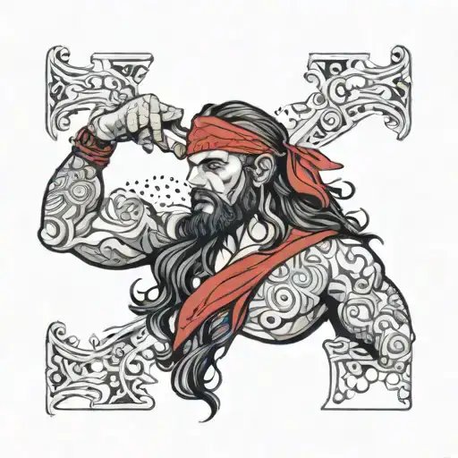 a man, pirate, muscles, red bandana, long hair black, violent, rude, serious tattoo design idea