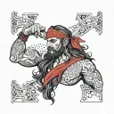 a man, pirate, muscles, red bandana, long hair black, violent, rude, serious tattoo design idea