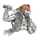 a man, pirate, muscles, red bandana, long hair black, violent, rude, serious tattoo design idea