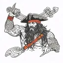 a man, pirate, muscles, red bandana, long hair black, violent, rude, serious tattoo design idea