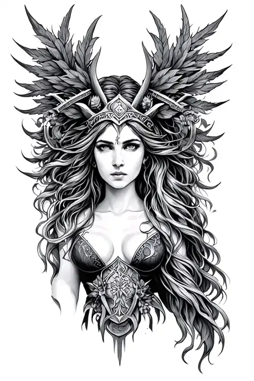 Norse pagan Nature goddess laying tattoo design idea