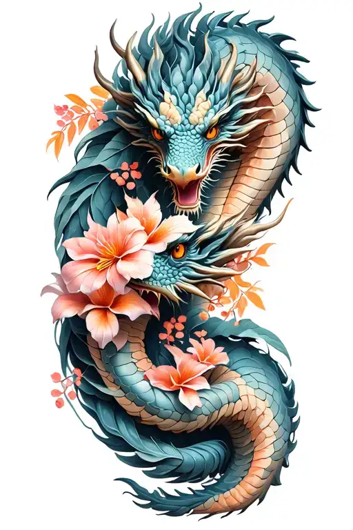 dragon coil hawaii flowers intertwined tattoo design idea