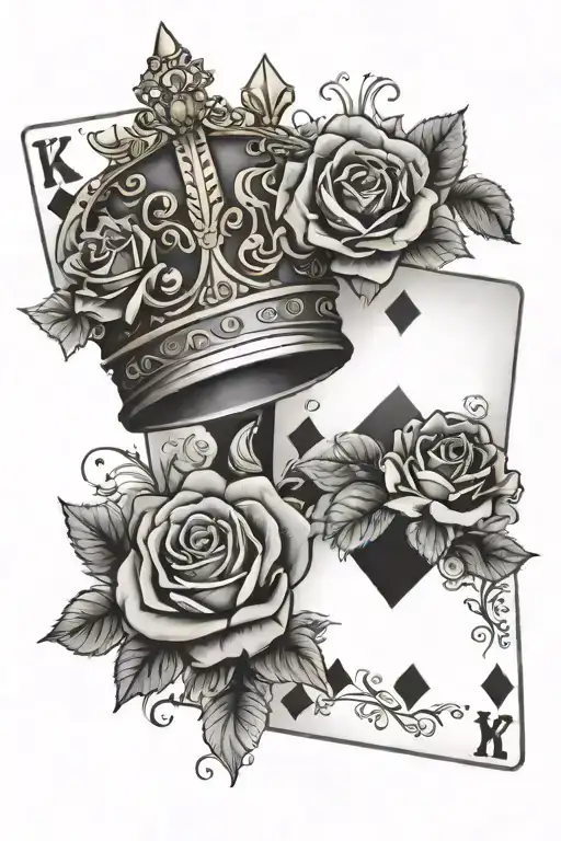 king and queen crowns, roses, cards, dice intertwined tattoo design idea