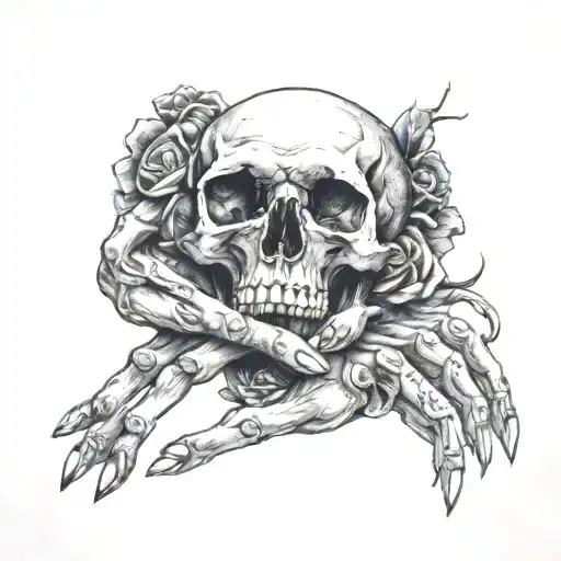 A detailed hand with long nails holding a skull, showcasing the balance between beauty and mortality tattoo design idea