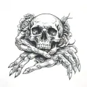 A detailed hand with long nails holding a skull, showcasing the balance between beauty and mortality tattoo design idea