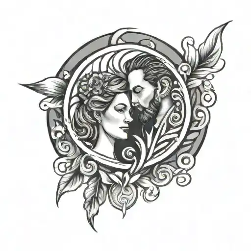 brushstroke circle with something representing a married couple in the middle tattoo design idea