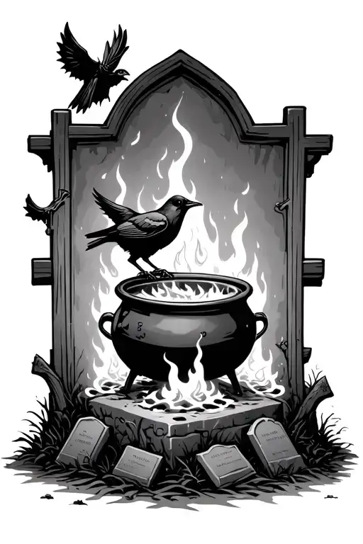 spooky graveyard with tomb stones centered around a bubbling cauldron flames under cauldron crow on headstone crooked  tattoo design idea