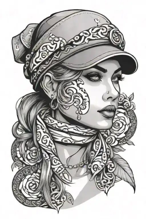 cards, woman with bandana and snapback cap tattoo design idea