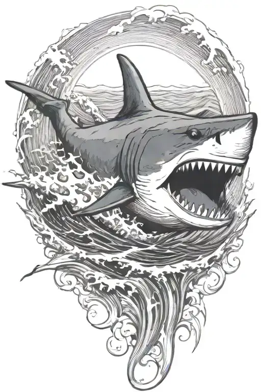 waves crashing shark tattoo design idea